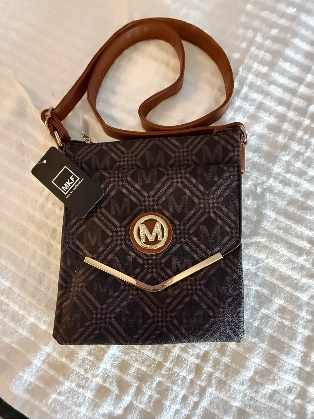 MKF Brown Monogram Crossbody Bag with Tan Strap